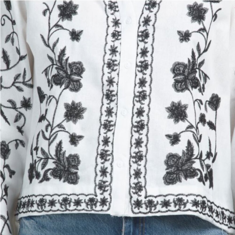 NWT LIV LOS ANGELES White Black Linen Blend Floral Embroidered Button-Up Shirt - Picture 5 of 9